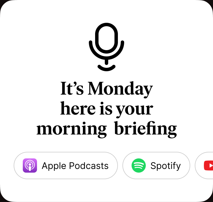 A podcast card, “It’s Monday, here is your morning briefing,” with Apple Podcasts, Spotify, and YouTube buttons