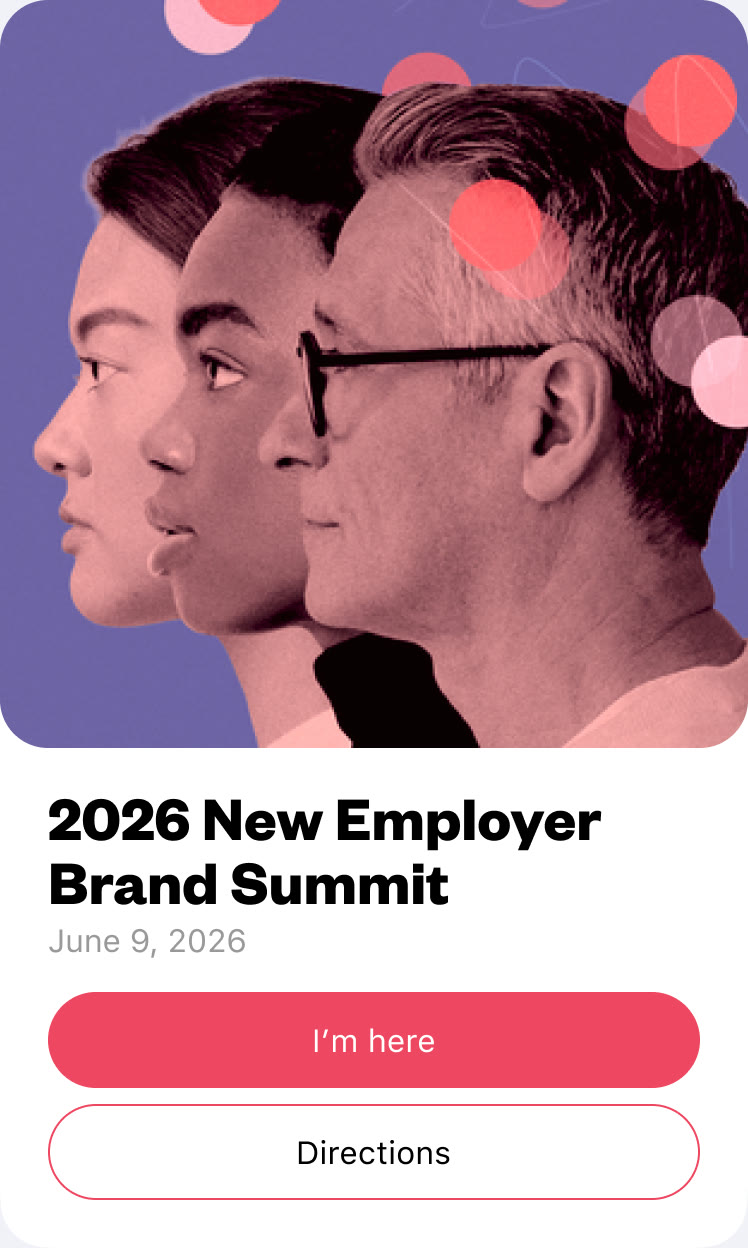 An event page for the 2026 New Employer Brand Summit on June 9, 2026, with “I’m here” and “Directions” buttons
