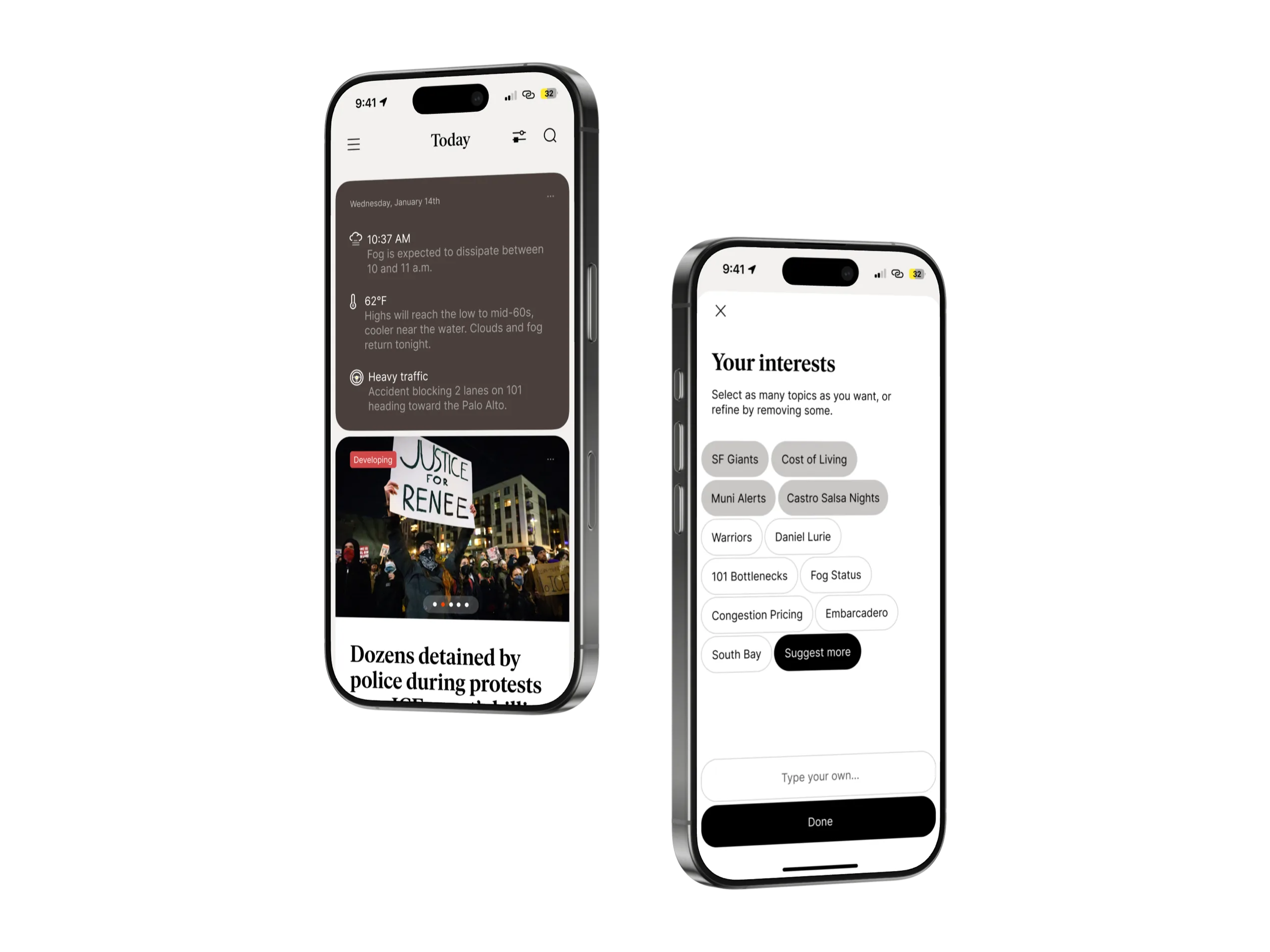The Bit Bit news app on two phones: a personalized Today feed and an interests picker