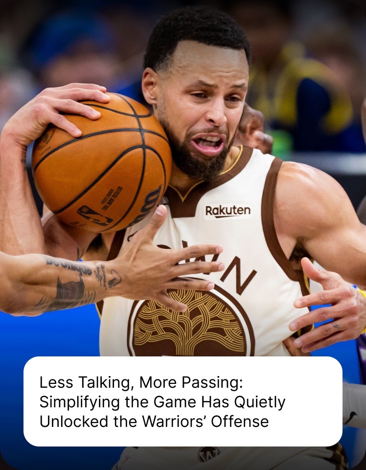 A social post card with a basketball photo and the headline “Less Talking, More Passing”