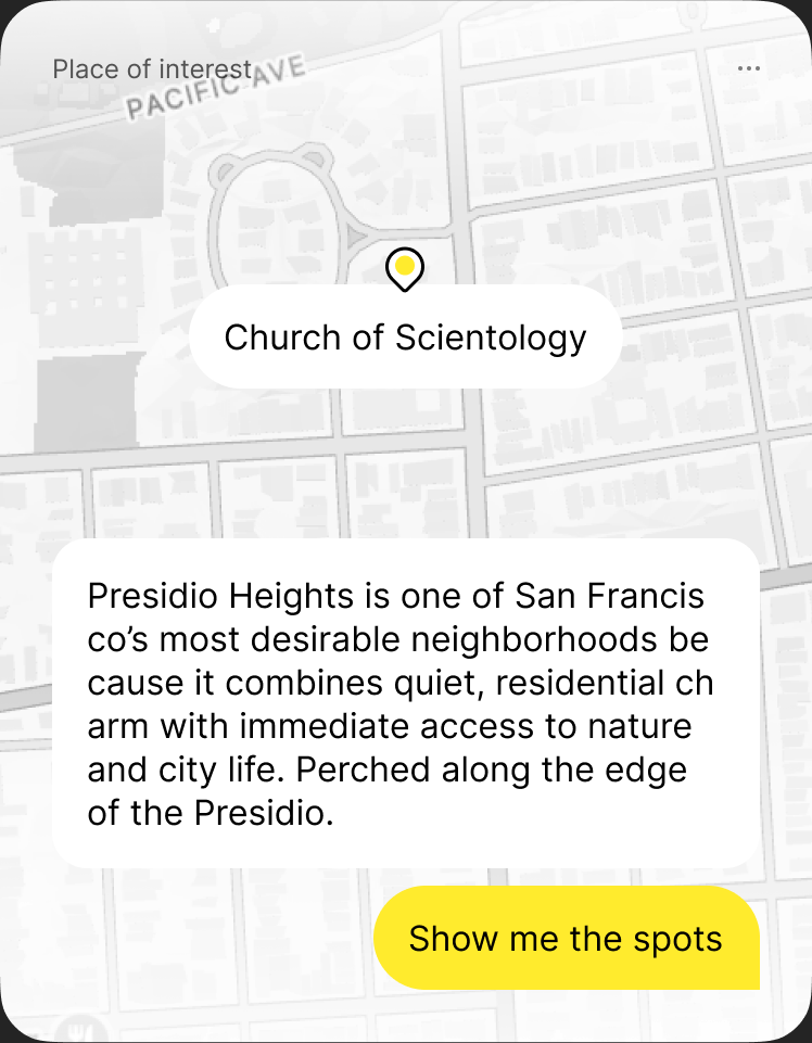 A map card for Presidio Heights with a pinned landmark, a short neighborhood description, and a “Show me the spots” button