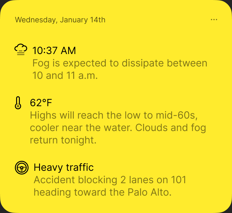 A yellow local-conditions card for Wednesday, January 14th: fog clearing by 11 a.m., 62°F, and heavy traffic on 101